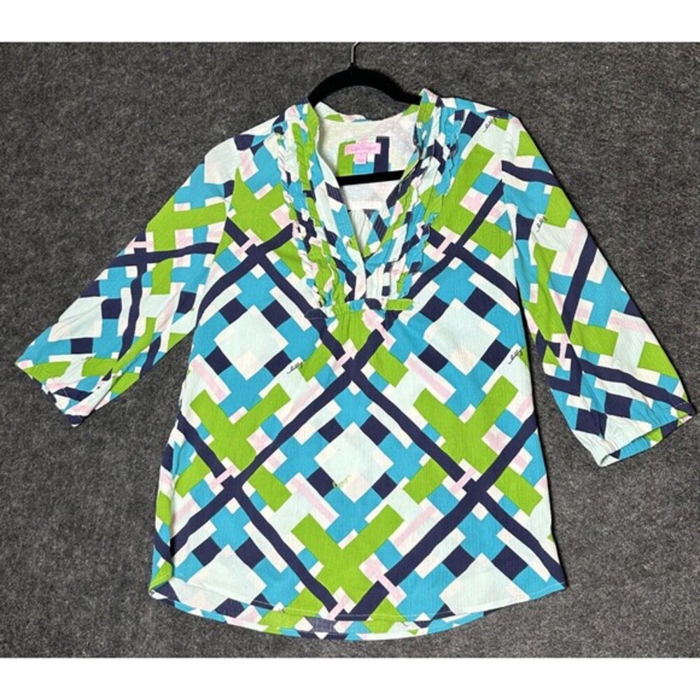 LILLY PULITZER 3/4 SLEEVE COTTON MANDARIN COLLAR BLUE GREEN PINK FRILL TOP SZ 4